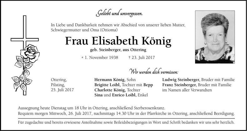 Traueranzeige Elisabeth König
