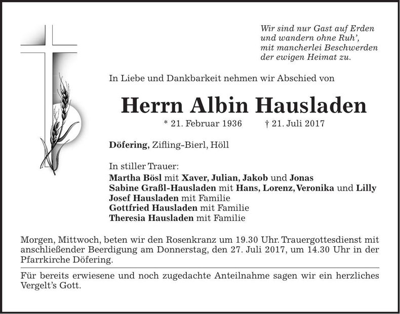 Traueranzeige Albin Hausladen