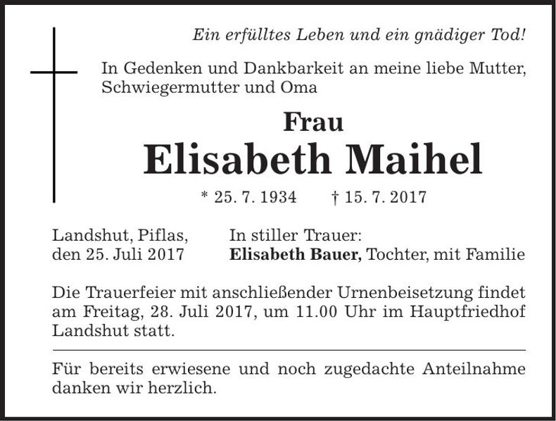 Traueranzeige Elisabeth Maihel