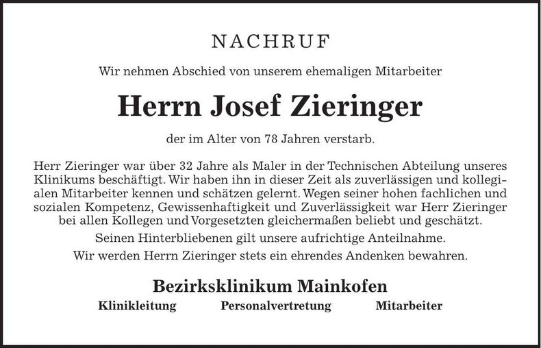 Traueranzeige Josef Zieringer