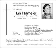 Traueranzeige Lilli Hillmeier
