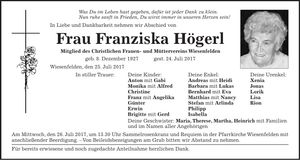 Traueranzeige Franziska Högerl