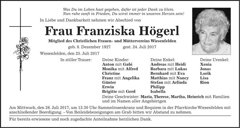 Traueranzeige Franziska Högerl