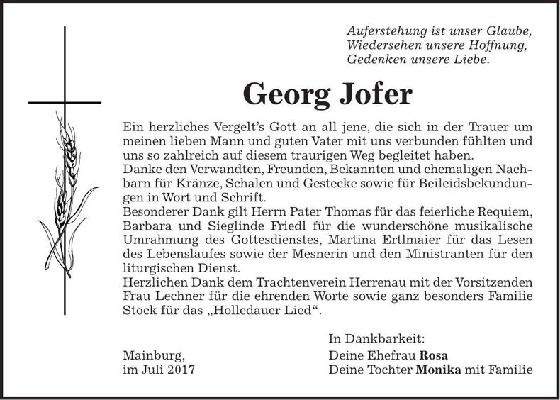 Traueranzeige Georg Jofer