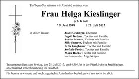 Traueranzeige Helga Kieslinger
