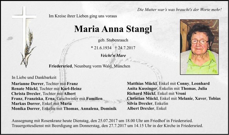 Traueranzeige Maria Anna Stangl