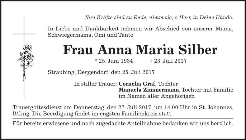 Traueranzeige Anna Maria Silber