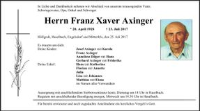 Traueranzeige Franz Xaver Axinger