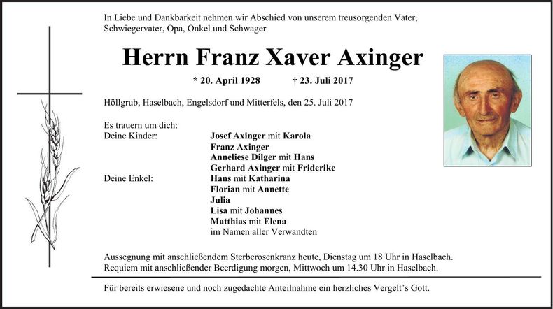 Traueranzeige Franz Xaver Axinger
