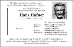 Traueranzeige Hans Hafner
