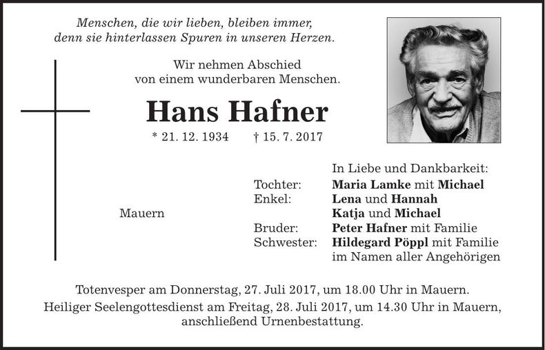 Traueranzeige Hans Hafner