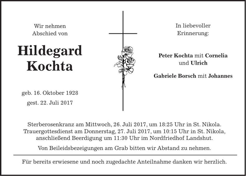 Traueranzeige Hildegard Kochta
