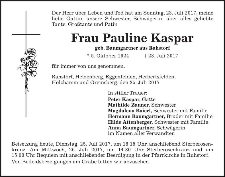 Traueranzeige Pauline Kaspar