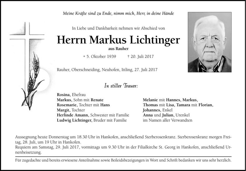 Traueranzeige Markus Lichtinger