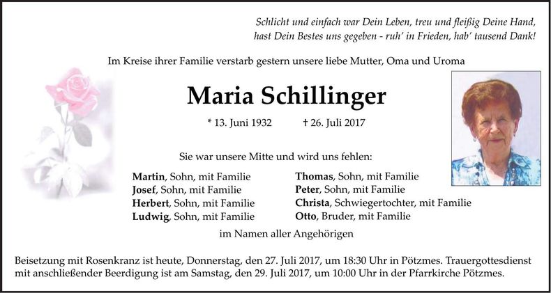 Traueranzeige Maria Schillinger