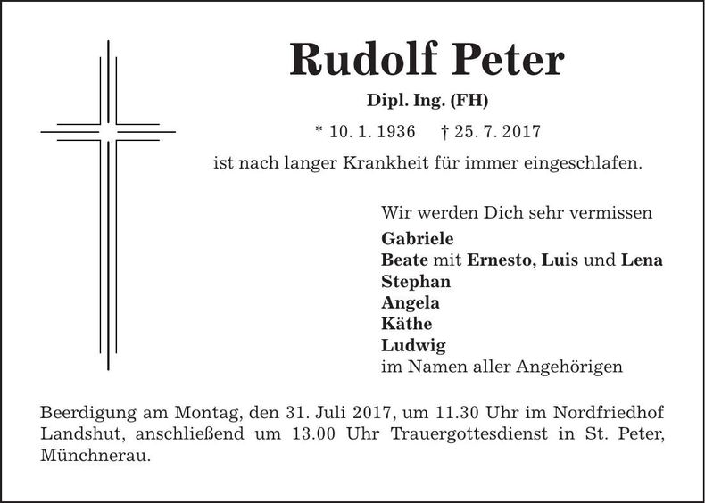 Traueranzeige Rudolf Peter
