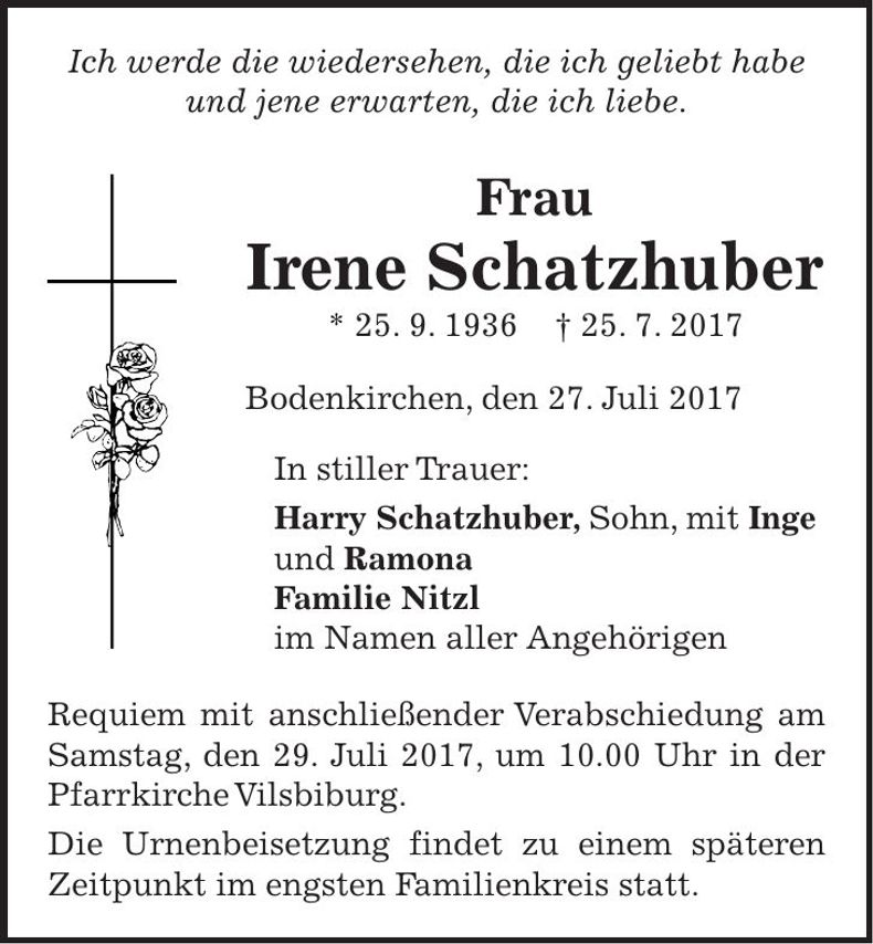 Traueranzeige Irene Schatzhuber