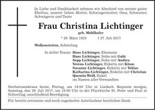 Traueranzeige Christina Lichtinger