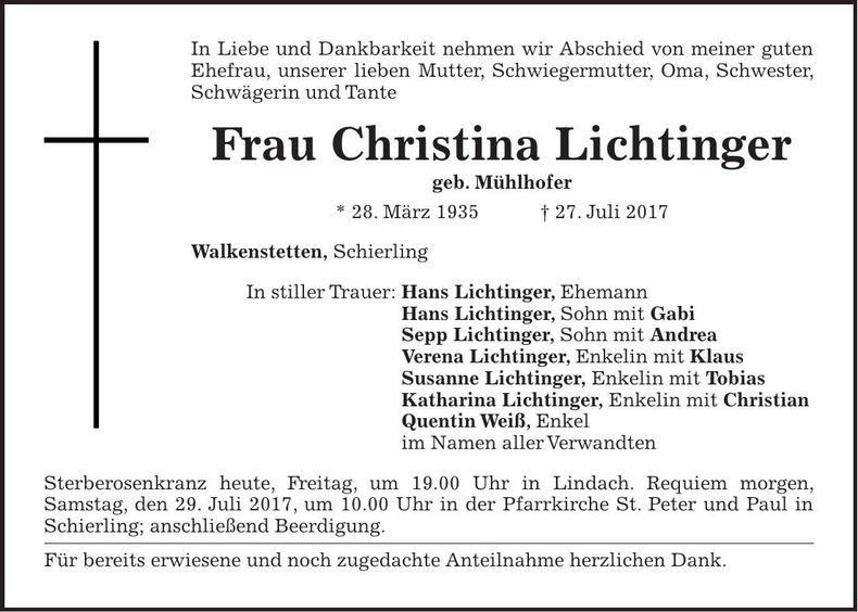 Traueranzeige Christina Lichtinger