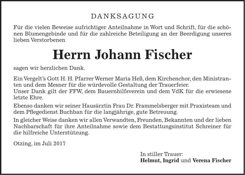 Traueranzeige Johann Fischer
