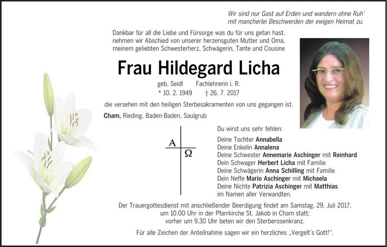 Traueranzeige Hildegard Licha