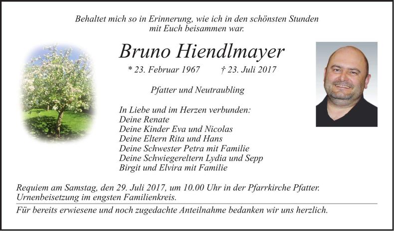 Traueranzeige Bruno Hiendlmayer