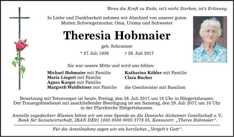 Traueranzeige Theresia Hobmaier