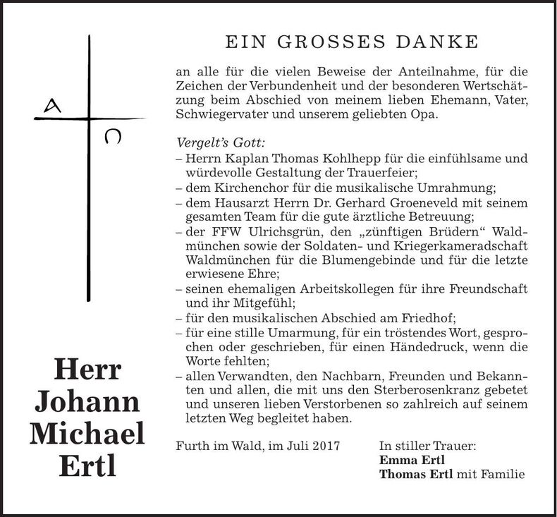 Traueranzeige Johann Michael Ertl