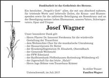 Traueranzeige Josef Wagner