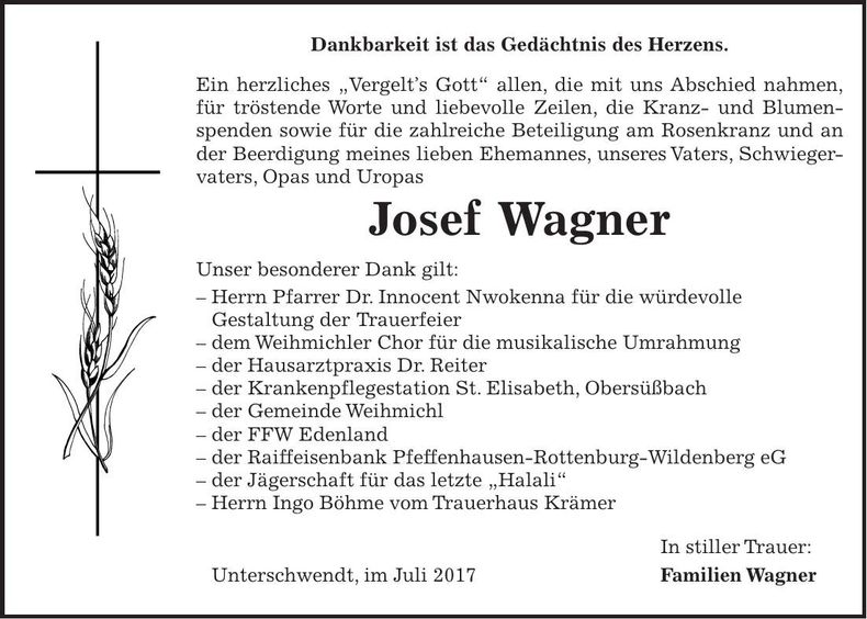 Traueranzeige Josef Wagner