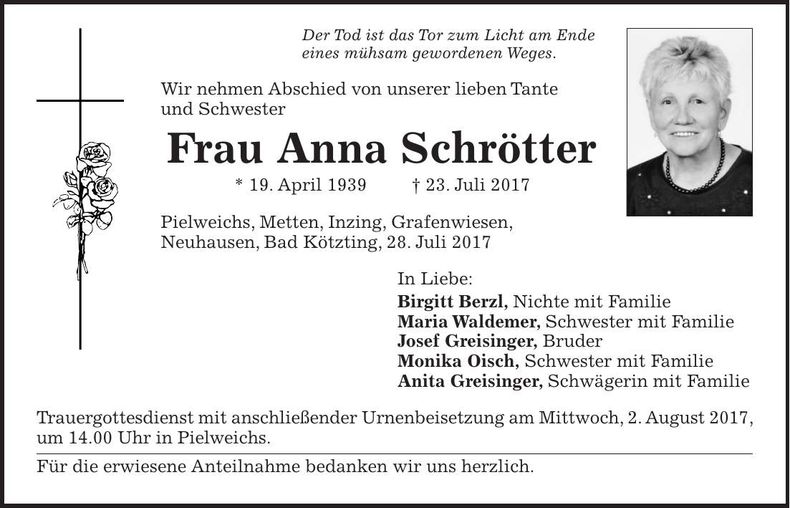 Traueranzeige Anna Schrötter
