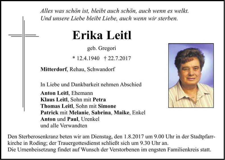 Traueranzeige Erika Leitl