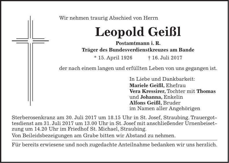 Traueranzeige Leopold Geißl