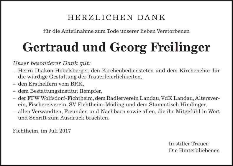 Traueranzeige Gertraud und Georg Freilinger