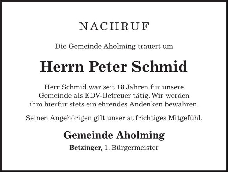 Traueranzeige Peter Schmid