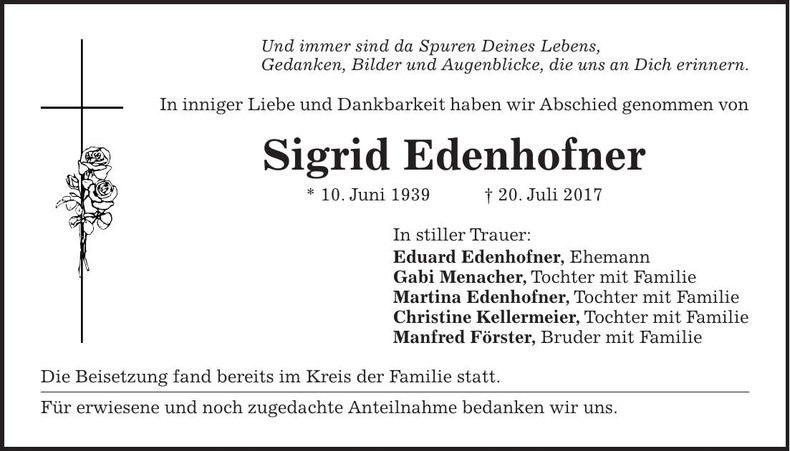 Traueranzeige Sigrid Edenhofner