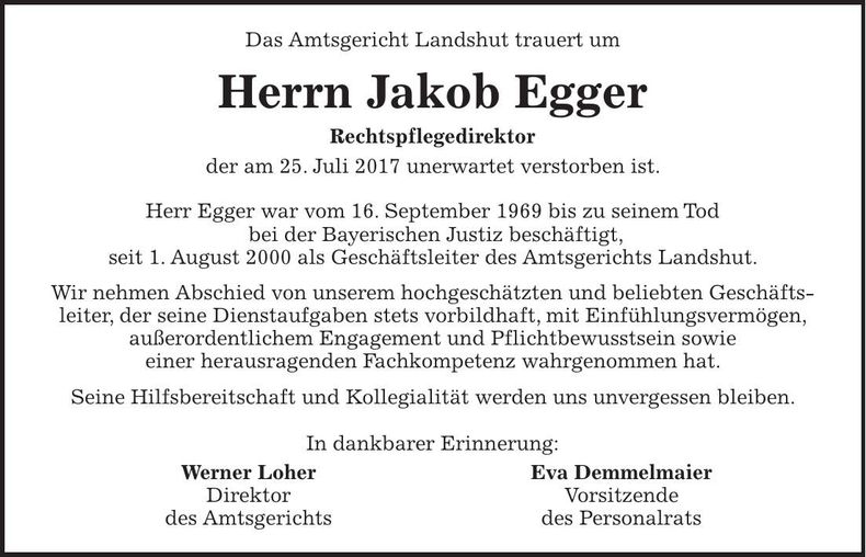 Traueranzeige Jakob Egger