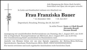 Traueranzeige Franziska Bauer