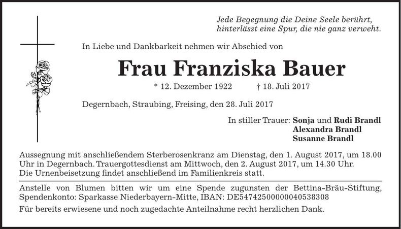 Traueranzeige Franziska Bauer
