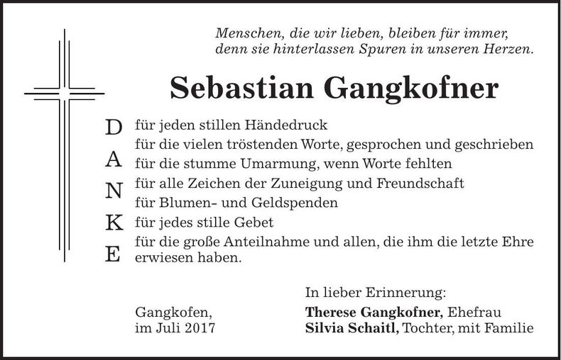 Traueranzeige Sebastian Gangkofner