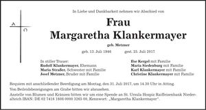 Traueranzeige Margaretha Klankermayer