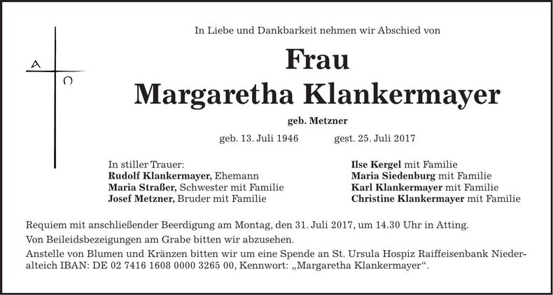 Traueranzeige Margaretha Klankermayer