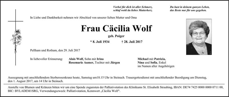 Traueranzeige Cäcilia Wolf