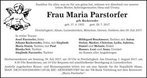 Traueranzeige Maria Parstorfer