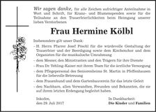 Traueranzeige Hermine Kölbl