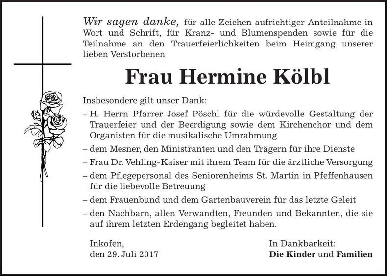 Traueranzeige Hermine Kölbl