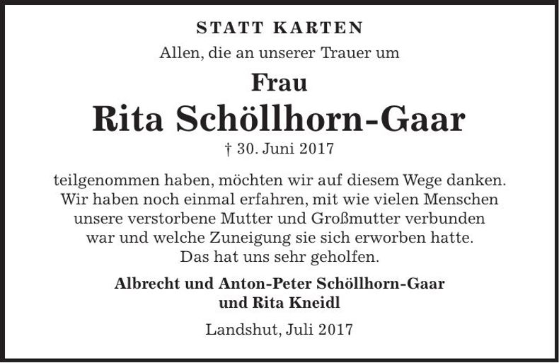 Traueranzeige Rita Schöllhorn-Gaar
