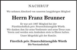 Traueranzeige Franz Brunner