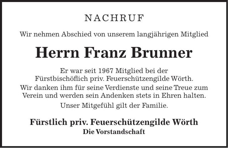 Traueranzeige Franz Brunner