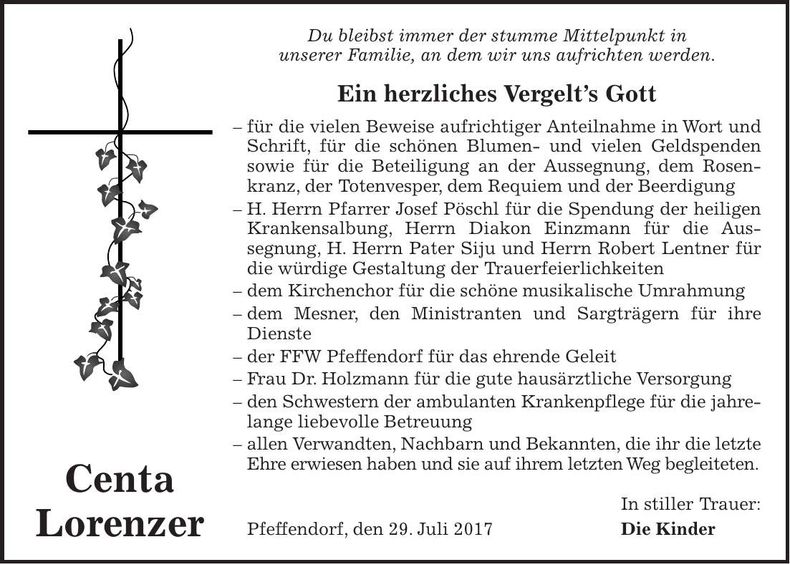 Traueranzeige Centa Lorenzer